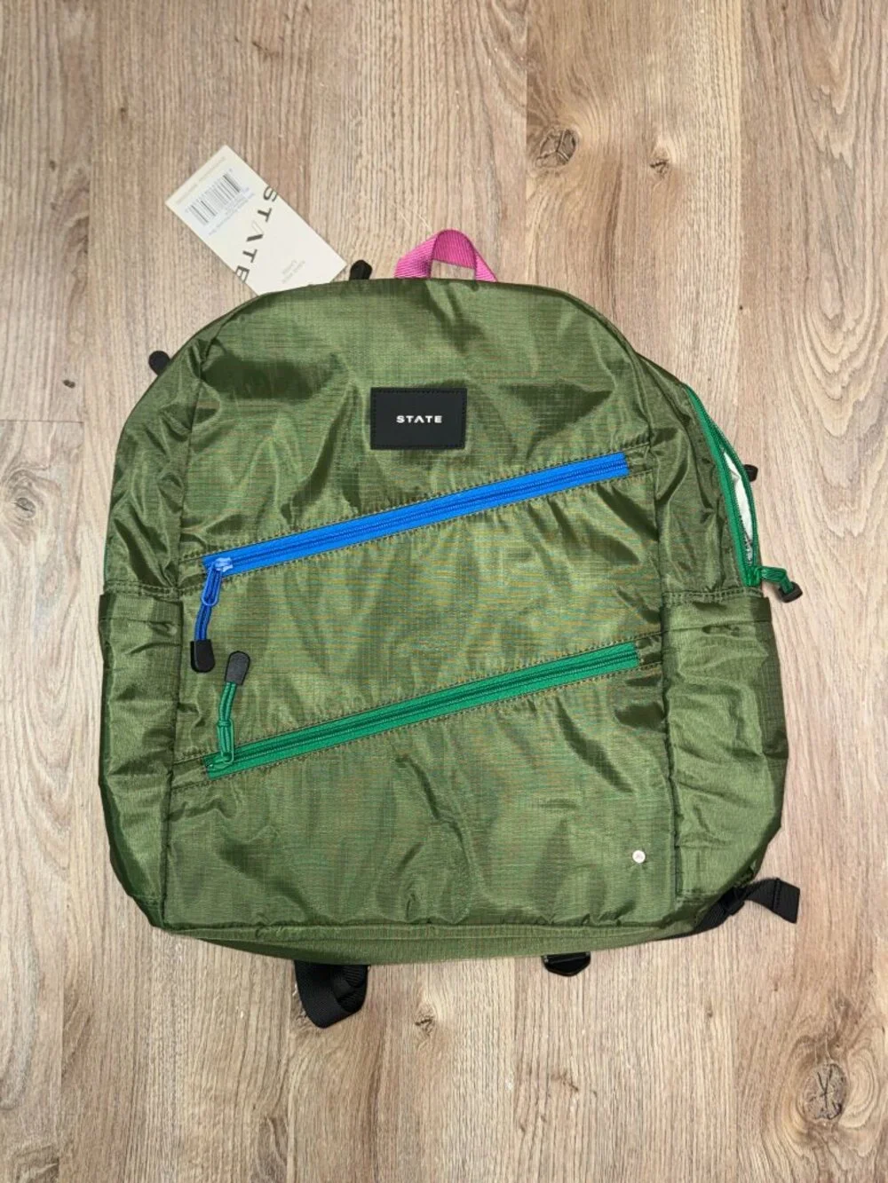 STATE Ripstop Kane Kids Double Pocket LARGE Backpack Olive Green Diagonal Zipper